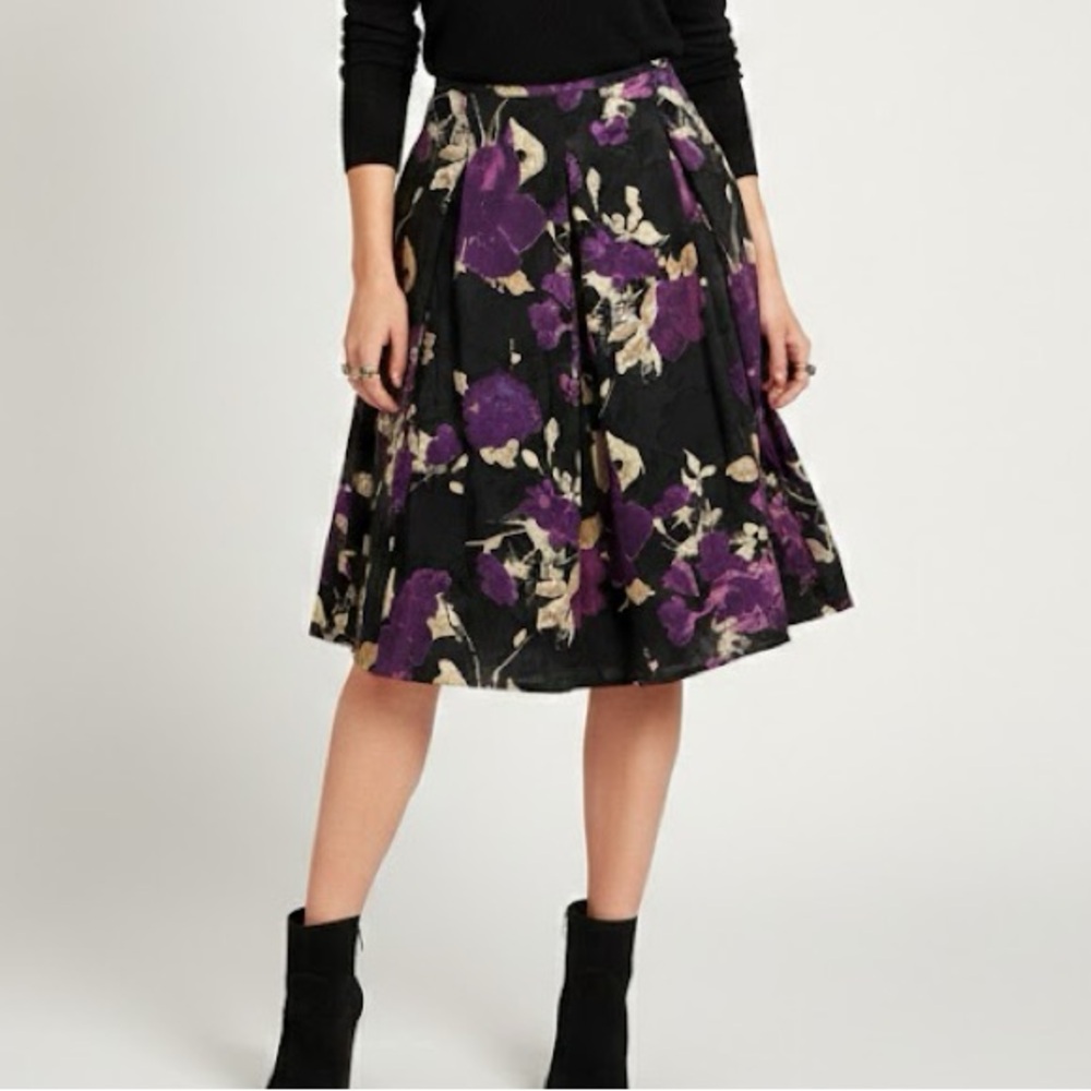 Alex Evenings Floral A-Line Jacquard Pleated Formal Skirt Purple Black Large Pet